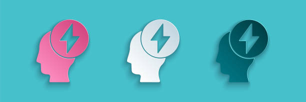 istock Paper cut Human head and electric symbol icon isolated on blue background. Paper art style. Vector Illustration 1223624293