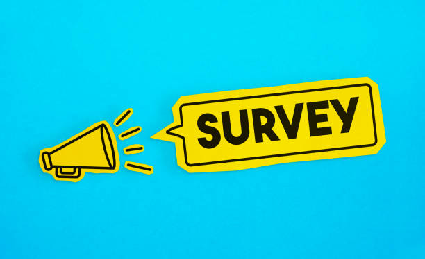 istock Megaphone drawing on the cut yellow paper makes “Survey” announcement. 1223625596