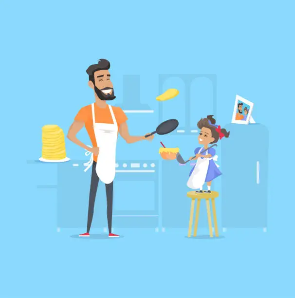 Vector illustration of Hilarious Father and Daughter Preparing Pancakes