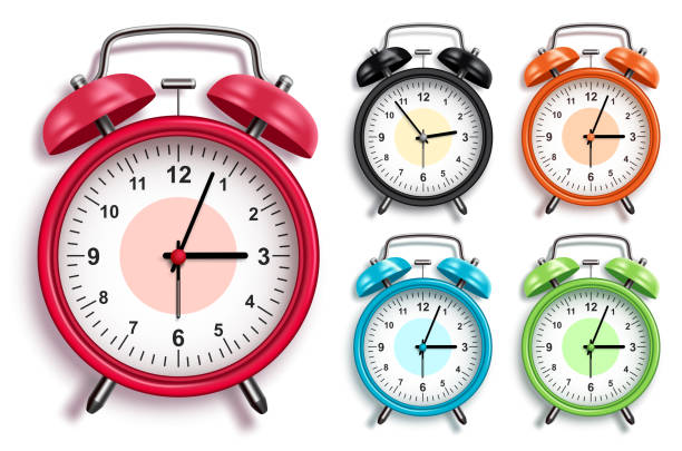 illustrations, cliparts, dessins animés et icônes de ensemble de vecteur d’horloge d’alarme. 3d horloges d’alarme analogique réalistes dans diverses couleurs avec des regards brillants - clock time alarm clock orange