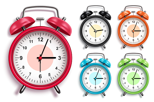 Alarm clock vector set. 3D realistic analog alarm clocks in various colors with glossy looks in front view for design elements. Vector illustration.