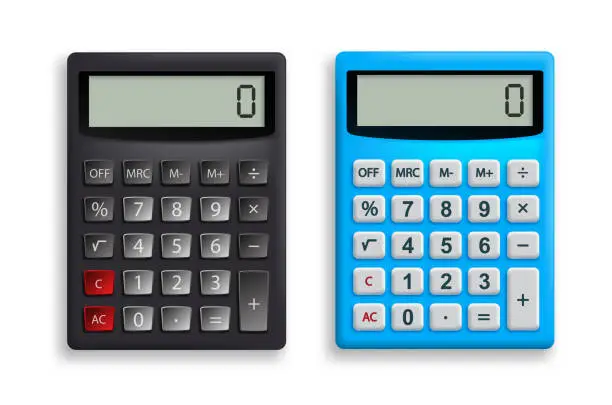 Vector illustration of Calculator vector set. Office calculator in black and blue colors with top view 3D realistic look