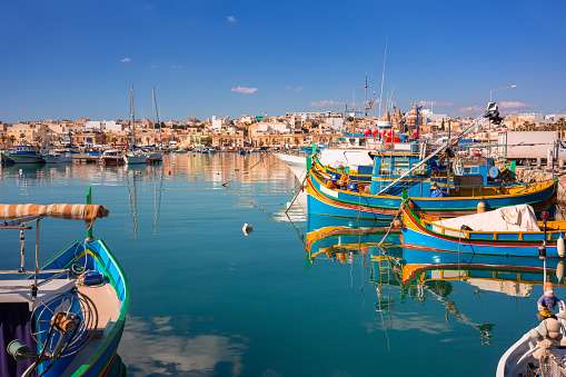 Fishing boats in the Mediterranean Village of Marsaxlokk, Malta