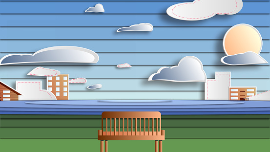 A modern multi-layer decorative landscape - a bench opposite a pond and houses. Paper illustration - scenery.