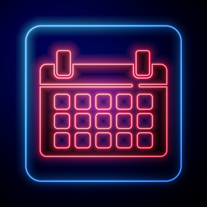 Glowing neon Calendar icon isolated on blue background. Event reminder symbol. Vector Illustration
