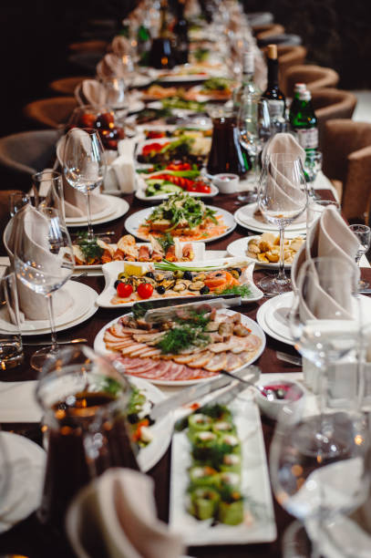 istock Beautifully served banquet table with cold, hot appetizers. View from the top. 1223629028