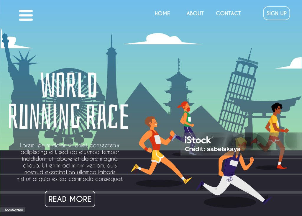 World running race webbplats banner med löpare på landmärke bakgrund - Royaltyfri Kapplöpning vektorgrafik