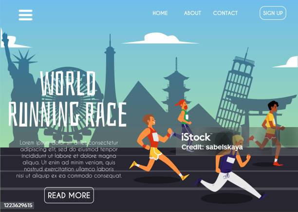 World Running Race Webbplats Banner Med Löpare På Landmärke Bakgrund-vektorgrafik och fler bilder på Kapplöpning