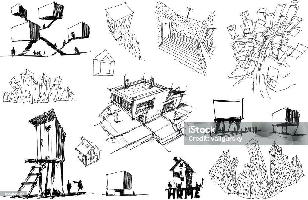 Banyak Sketsa Arsitektur Arsitektur Modern Dan Rumah Ilustrasi Stok