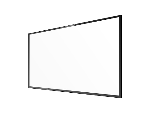 Realistic blank wall mount flat screen TV frame mockup from angled view - black hanging rectangle panel with empty white copy space. Isolated vector illustration.