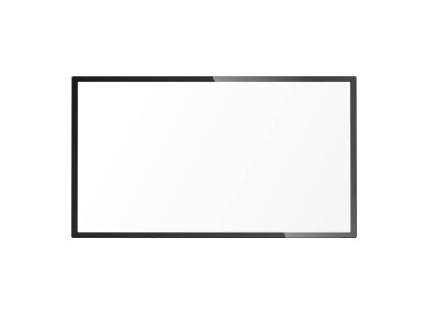 Blank hanging TV frame with blank white screen - realistic mockup Blank hanging TV frame with blank white screen - realistic mockup of wall mount television panel isolated on white background. Vector illustration from front view. wall of tvs stock illustrations