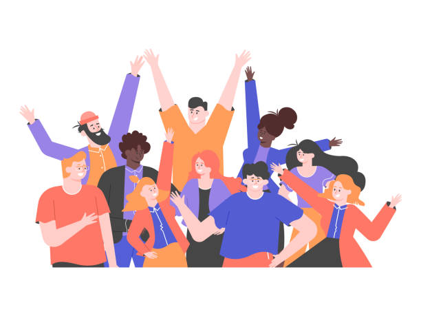 Multicultural group of people is  standing together. Team of colleagues, students, happy men and women. Multinational society. Friendship, teamwork and cooperation. Vector flat illustration.