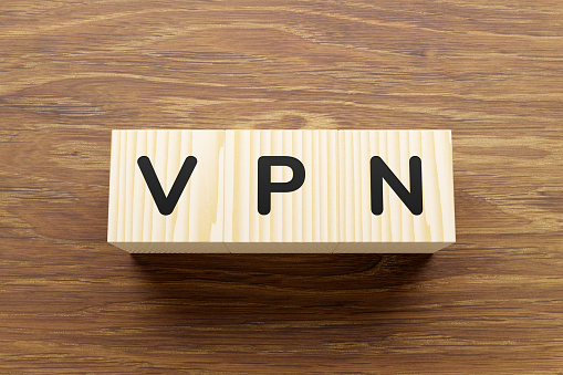 VPN on wooden cubes. Wooden cubes with letters forming words.