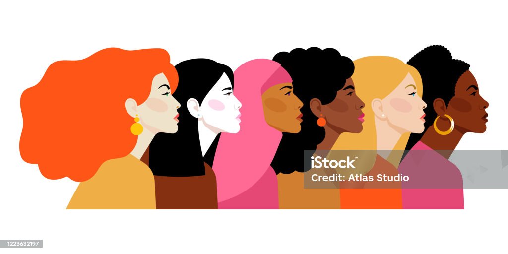 Multi-ethnic women. Different ethnicity women: African, Asian, Chinese, European, Latin American, Arab. Women different nationalities and cultures. The struggle for rights, independence, equality. Different ethnicity women Women stock vector