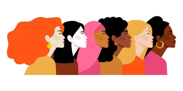 Vector illustration of Multi-ethnic women. Different ethnicity women: African, Asian, Chinese, European, Latin American, Arab. Women different nationalities and cultures. The struggle for rights, independence, equality.