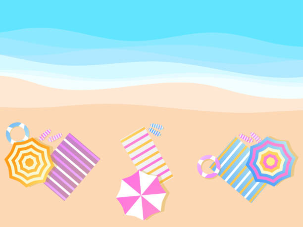 Beach umbrella and towel on the shore, top view. Flat design style. Summer background. Vector illustration Beach umbrella and towel on the shore, top view. Flat design style. Summer background. Vector illustration throwing in the towel illustrations stock illustrations