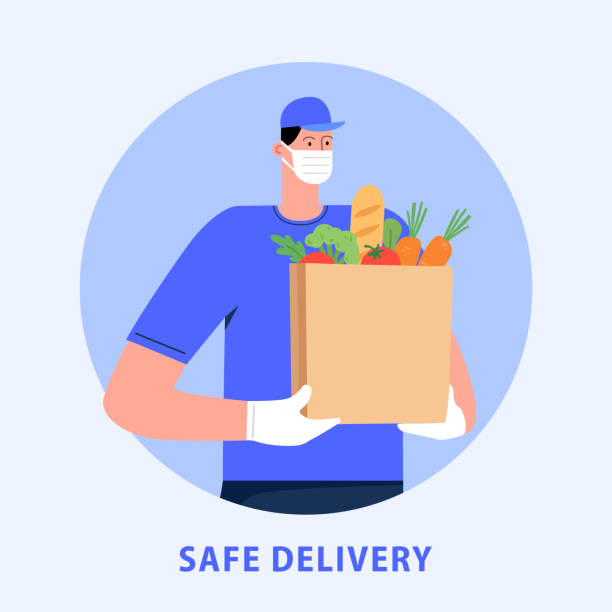 Courier in a medical mask delivers the package during quarantine. Safe Delivery Concept with Social Distance vector art illustration