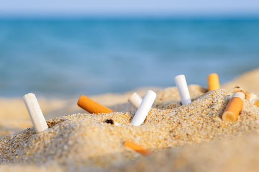 Cigarette butts in yellow sand on sea beach on coast against background of blue sky and sea. Problem of humanity. Cigarette smoking, bad habit. Nicotine addiction. Garbage