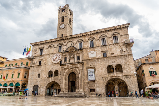 Ascoli Piceno, Italy - August 2019 - The Palace of the People's Captains in Piazza del Popolo, Ascoli Piceno Italy. The palace built in the 13th century