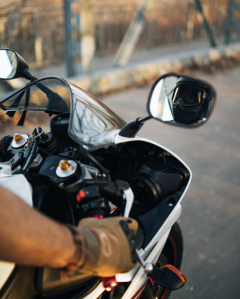 istock Young and aggressive sport motorcycle driver with backpack 1223640197