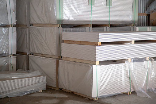 Drywall.Building material. Warehouse of construction materials.