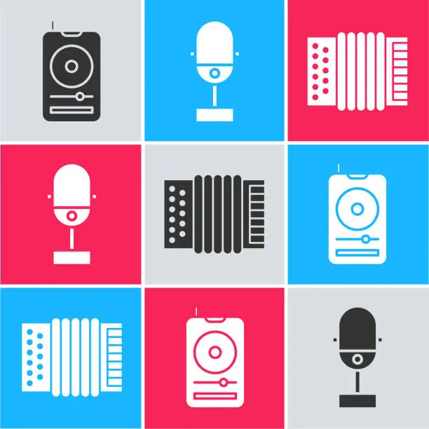 Vector illustration of Set Music player, Microphone and Musical instrument accordion icon. Vector