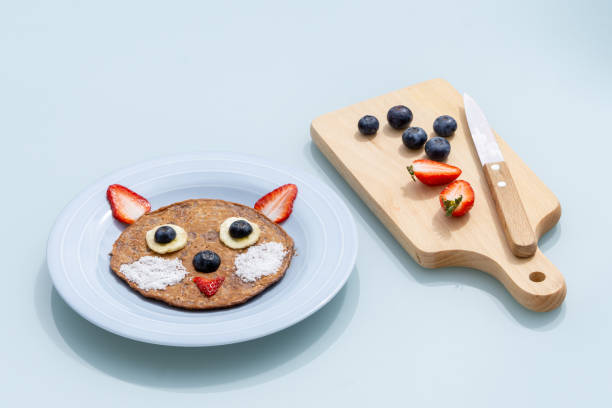 istock Creative cat pancake for kids in a plate isolated on blue background 1223642295