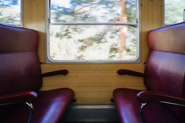 Photo of Interior of old train with leather seats and view out the window
