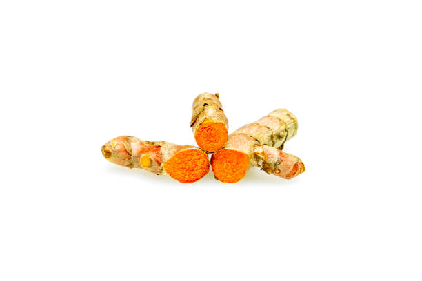 istock Cutting or sliced of turmeric root on isolated white background. 1223648668