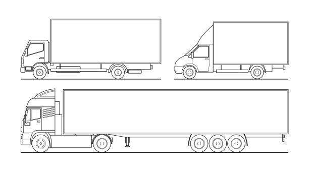 vektor-umriss-set von verschiedenen lkws, auflieger. leere vorlage lkw für die werbung, zum malen von büchern. güterverkehr. moderne flache vektor-illustration isoliert auf weißem hintergrund. - vehicle trailer stock-grafiken, -clipart, -cartoons und -symbole