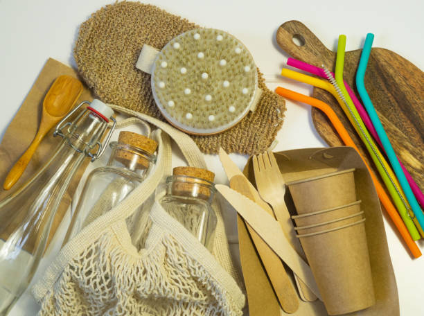 istock Zero waste concept. String bag, glass jars and silicone drinking straw on white background. Eco friendly and reuse concept. 1223648825