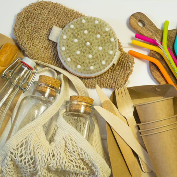 istock Zero waste concept. String bag, glass jars and silicone drinking straw on white background. Eco friendly and reuse concept. 1223648837