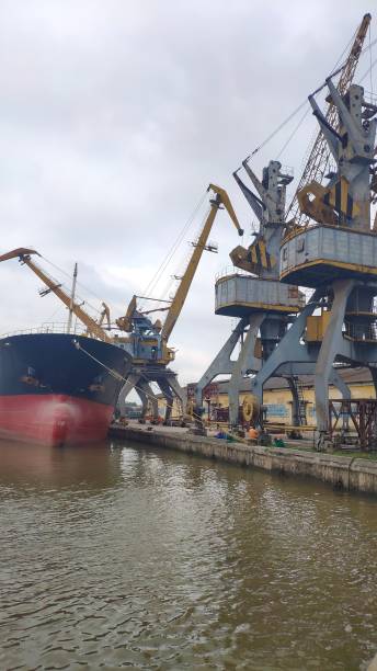 istock Aerial view of business port with shore crane loading container in container ship in import/export and business logistics with crane and shipping cargo.International transportation and business concept. 1223650166