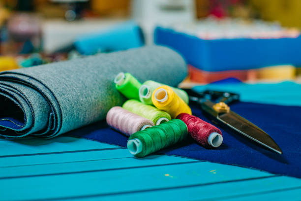 istock Set of tailoring tools and accessories on table 1223651935
