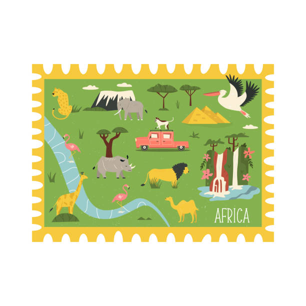 ilustrações de stock, clip art, desenhos animados e ícones de decorative stamp in a flat style with symbols, animals of africa - africa south africa african culture plain