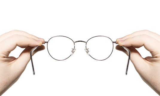 person holding eyeglasses, first person pov shot, isolated white background
