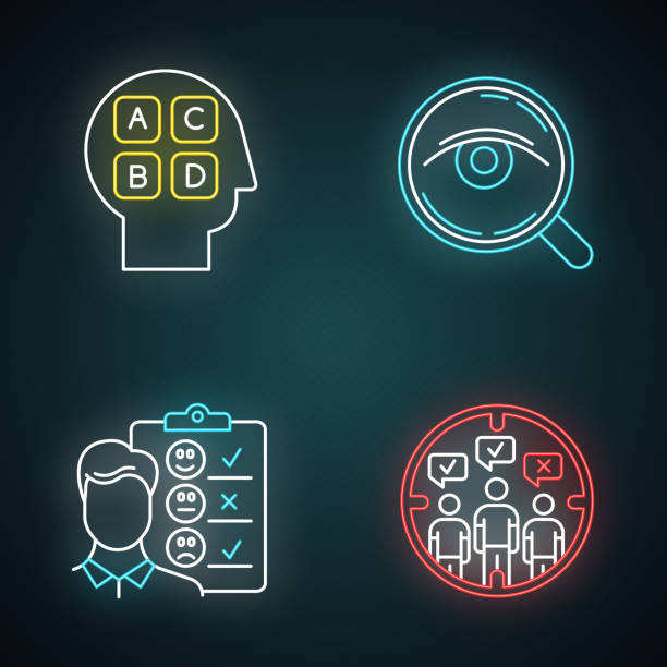 Survey methods neon light icons set. Analysis. Interview. Emotional opinion. Target population. Public opinion. Personality test. Customer review. Feedback. Glowing signs. Vector isolated illustration Survey methods neon light icons set. Analysis. Interview. Emotional opinion. Target population. Public opinion. Personality test. Customer review. Feedback. Glowing signs. Vector isolated illustration personality test stock illustrations