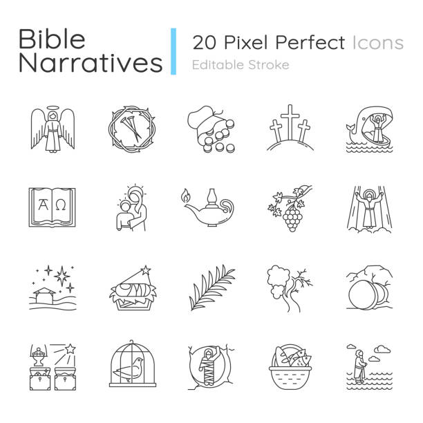 ilustrações de stock, clip art, desenhos animados e ícones de bible narratives linear icons set. life of jesus christ. gospel miracles and parables. legends of holy scriptures. thin line contour symbols. isolated vector outline illustrations. editable stroke - miracle food