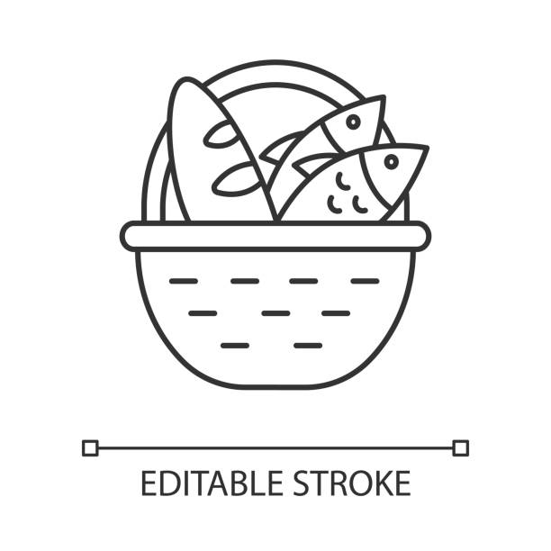 Bread and fish in basket linear icon. Feeding the multitude. Holy week. Miracle of Christ. New Testament. Thin line illustration. Contour symbol. Vector isolated outline drawing. Editable stroke Bread and fish in basket linear icon. Feeding the multitude. Holy week. Miracle of Christ. New Testament. Thin line illustration. Contour symbol. Vector isolated outline drawing. Editable stroke christian fish clip art stock illustrations