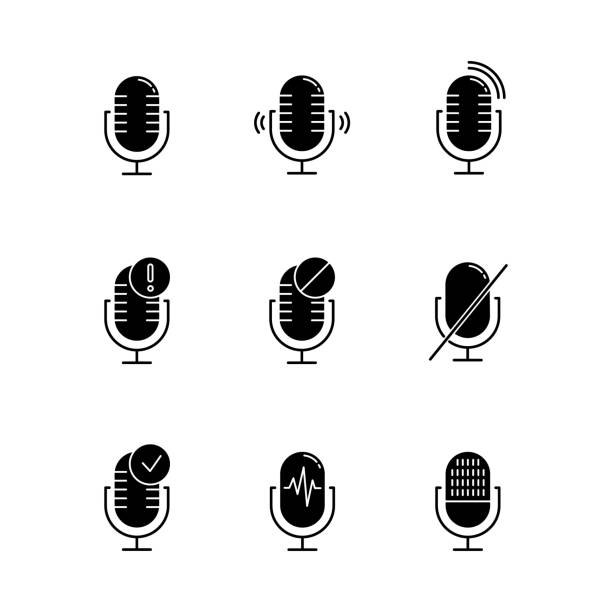 마이크 연결 문제 문말 아이콘 설정. 사운드 레코더 아이디어. 연결된 마이크. 다른 음성 명령. 현대 음악 장비. 실루엣 기호입니다. 벡터 절연 그림 - mics stock illustrations