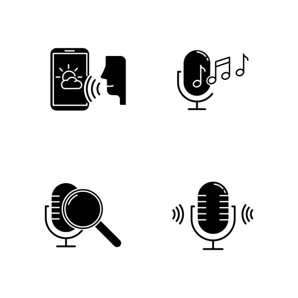 사운드 요청 문말 아이콘 세트. 음성 제어 시스템. 음성 인식 기술. 음성 제어 앱. 마이크, 스피커, 마이크. 실루엣 기호입니다. 벡터 절연 그림 - mics stock illustrations