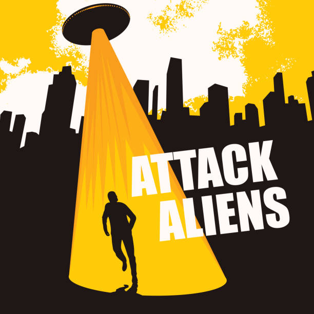 banner on the theme of aliens attack with a flying saucer Vector banner on the theme of alien attack. An illustration of a large flying saucer over a city that sent a bright beam at a person. The UFO invasion. Contact with an extraterrestrial civilization. alien invasion stock illustrations