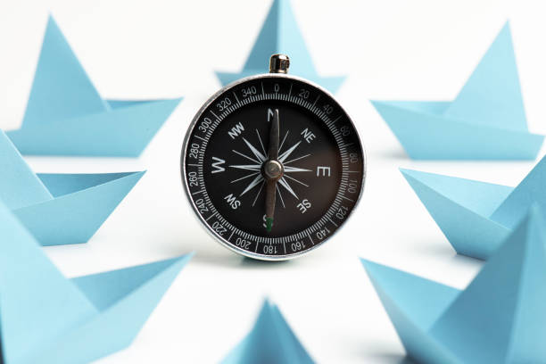 istock Blue Paper Boats With Compass 1223658471