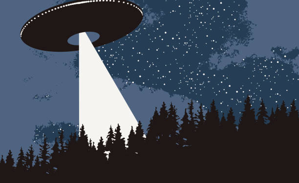 vector banner with a flying UFO over the forest Vector banner on the theme of alien invasion. Realistic illustration of an UFO flying over the forest. Earth landscape and a flying saucer with bright ray in the night sky alien invasion stock illustrations