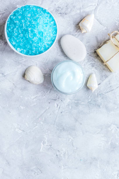 istock blue set for bath with salt and shells stone background top view mock up 1223660487