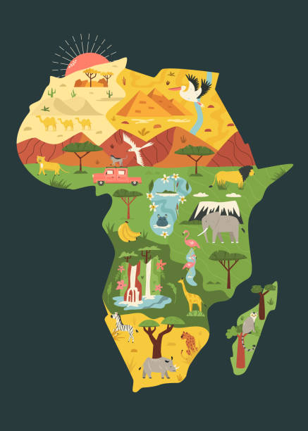 karte von afrika mit berühmten naturdenkmälern und tieren - elephant water vector animals in the wild stock-grafiken, -clipart, -cartoons und -symbole