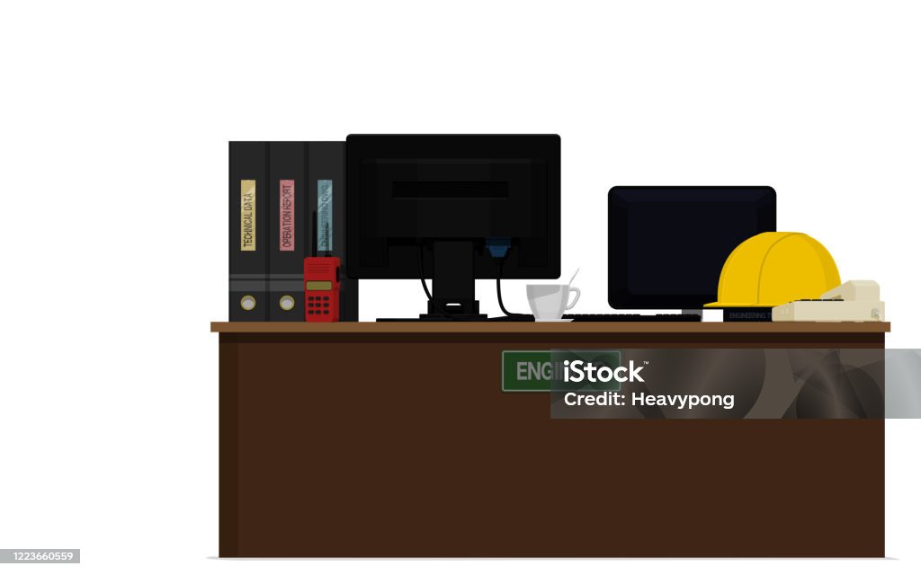Engineer Computer Desk Back View Isolate Engineers Desk On White Background Stock Illustration ...