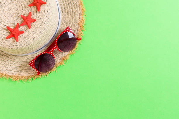 istock Beach hat with seashells on brown green table. summer background concept with copy space top view 1223661982