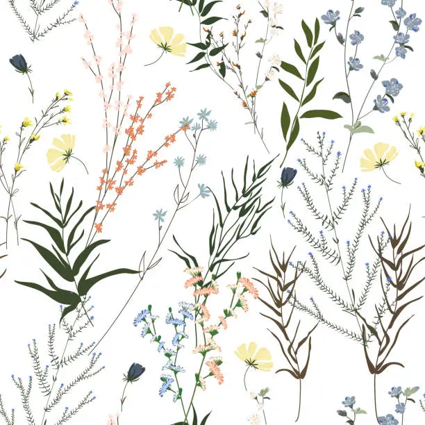 Vector illustration of Blossom floral seamless pattern. Blooming botanical motifs scattered random. Trendy colorful vector texture. Fashion, ditsy print, fabric. Hand drawn different wild meadow flowers on white background