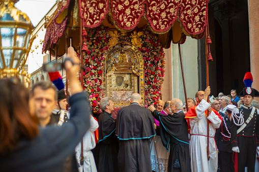 Bologna, Italy - June 2, 2019: return of the Madonna di San Luca to the sanctuary on the Guardia hill. Meeting of the Bolognese people with the Madonna of San Luca.Popular devotion of faithful and pilgrims.